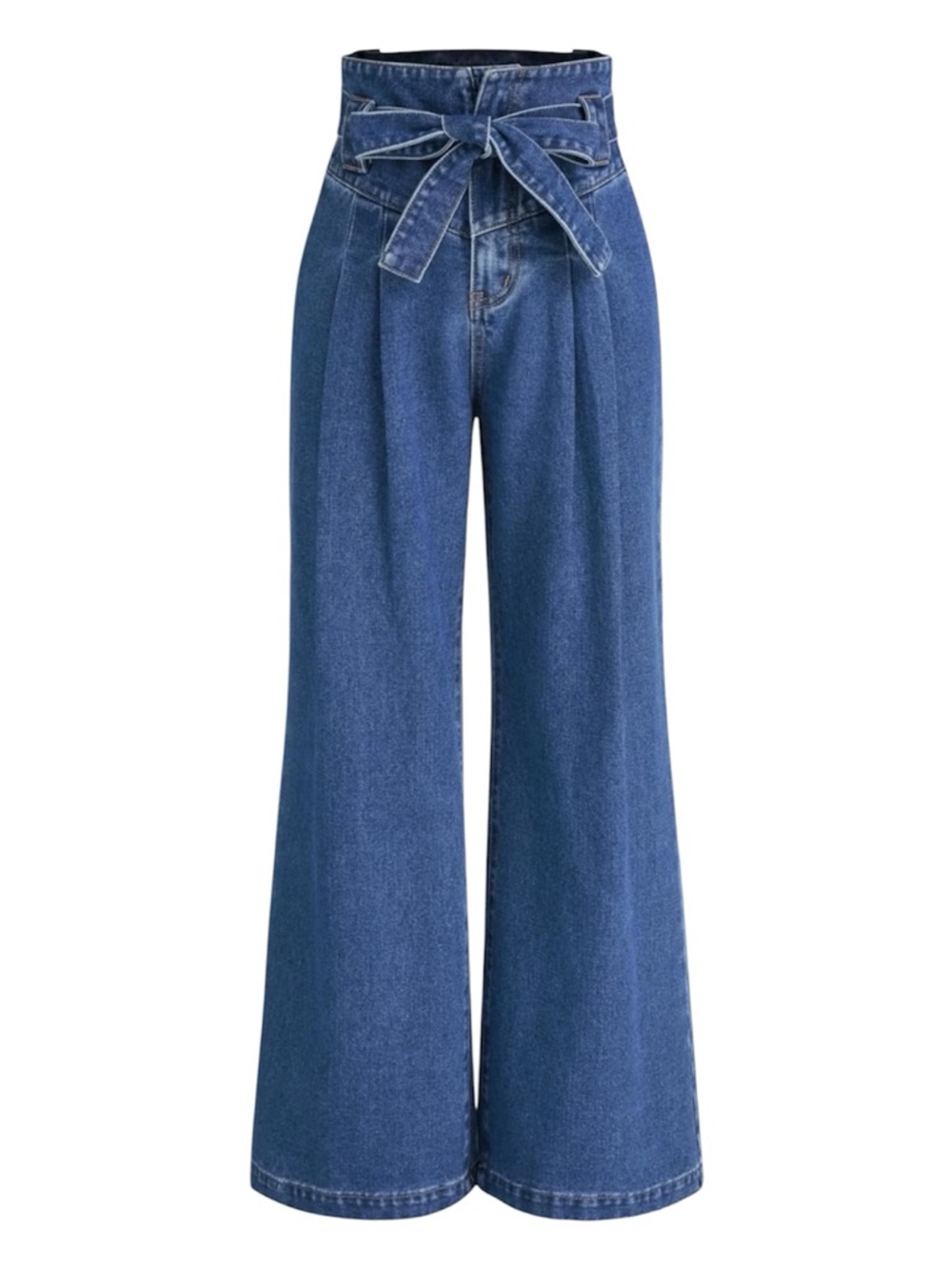 Cider High-Waisted Wide-Leg Blue Denim Jeans with Pleated Front Tie Waist 2X
